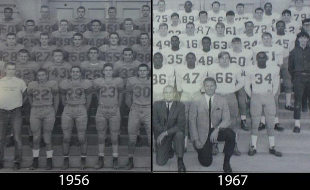Image showing mostly white football team in 1956 and more diverse football team in 1967